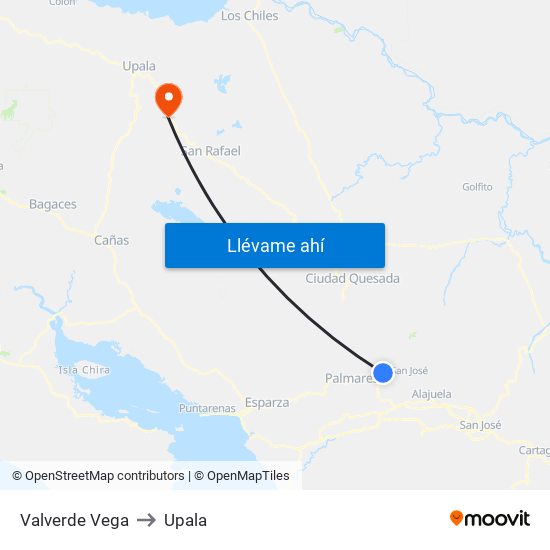 Valverde Vega to Upala map