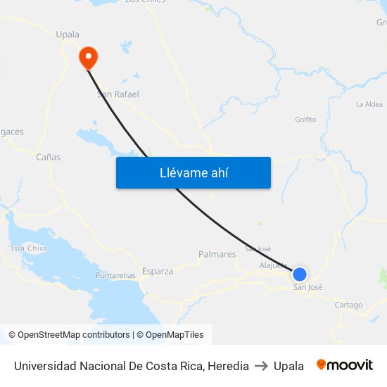 Universidad Nacional De Costa Rica, Heredia to Upala map