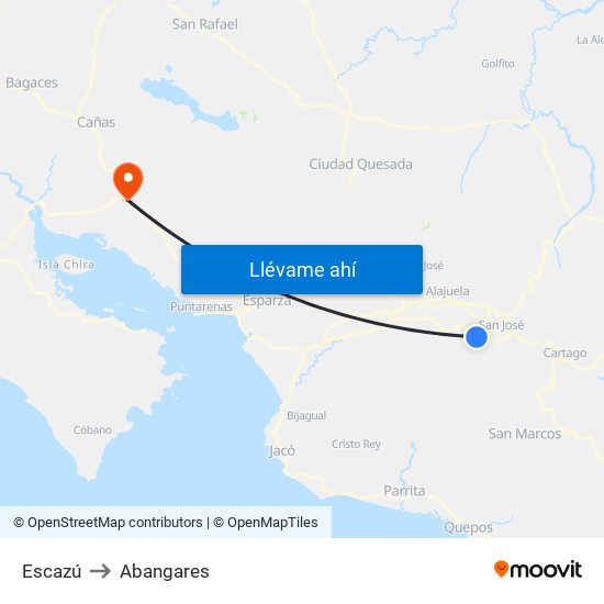 Escazú to Abangares map