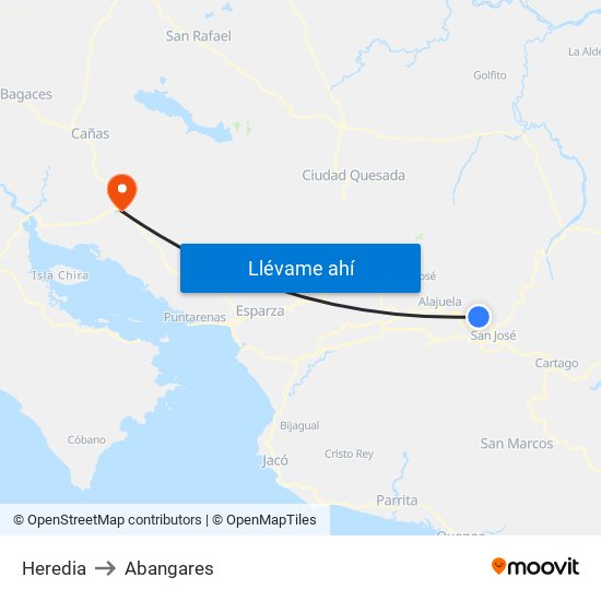 Heredia to Abangares map