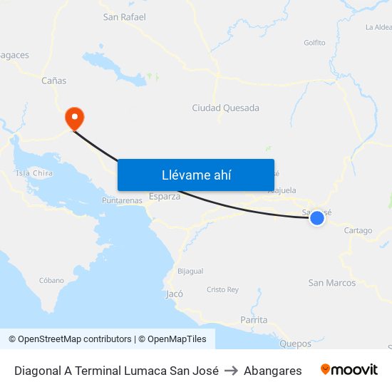 Diagonal A Terminal Lumaca San José to Abangares map