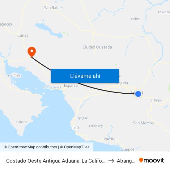 Costado Oeste Antigua Aduana, La California San José to Abangares map
