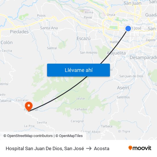 Hospital San Juan De Dios, San José to Acosta map