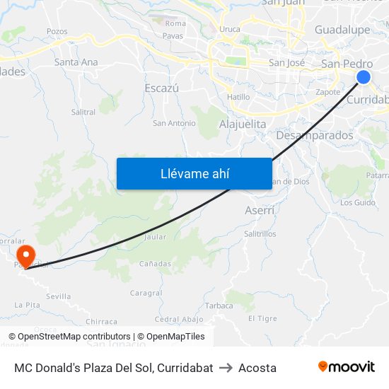 MC Donald's Plaza Del Sol, Curridabat to Acosta map