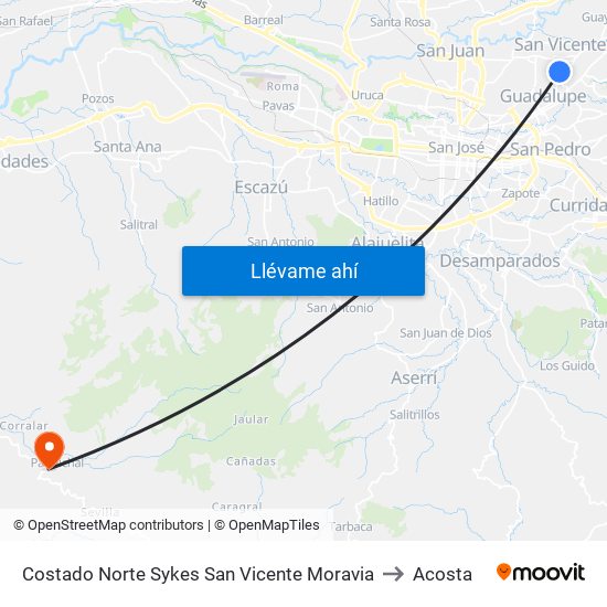 Costado Norte Sykes San Vicente Moravia to Acosta map
