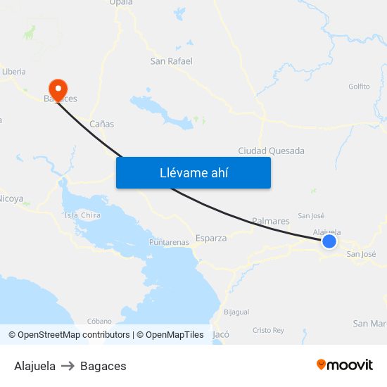 Alajuela to Bagaces map