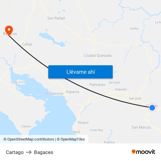 Cartago to Bagaces map