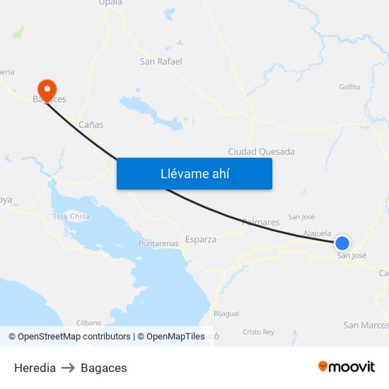 Heredia to Bagaces map