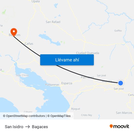 San Isidro to Bagaces map