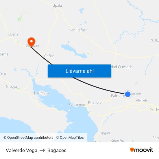 Valverde Vega to Bagaces map