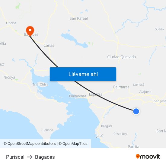 Puriscal to Bagaces map