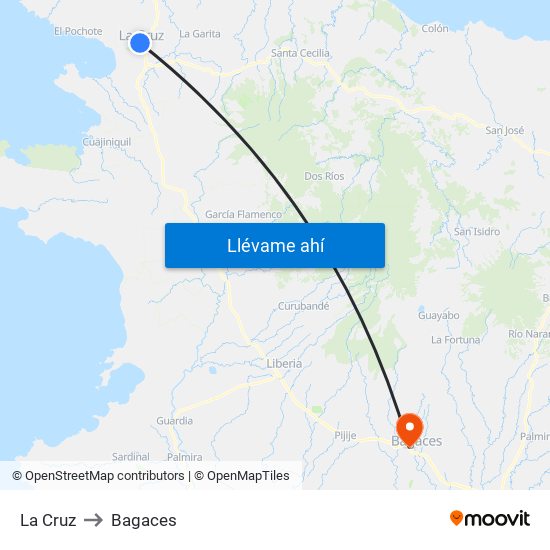 La Cruz to Bagaces map