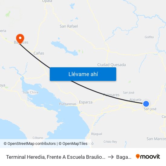 Terminal Heredia, Frente A Escuela Braulio Morales to Bagaces map