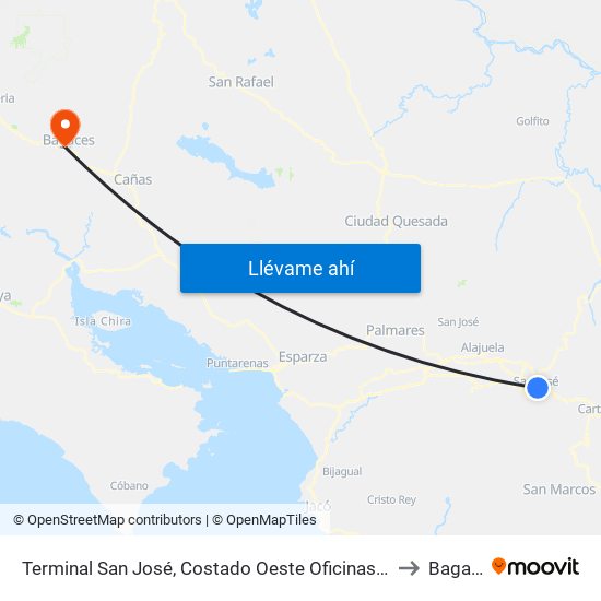 Terminal San José, Costado Oeste Oficinas Centrales Ccss to Bagaces map