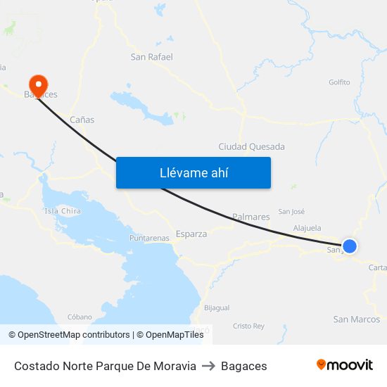 Costado Norte Parque De Moravia to Bagaces map