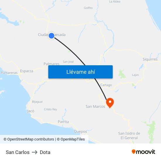 San Carlos to Dota map