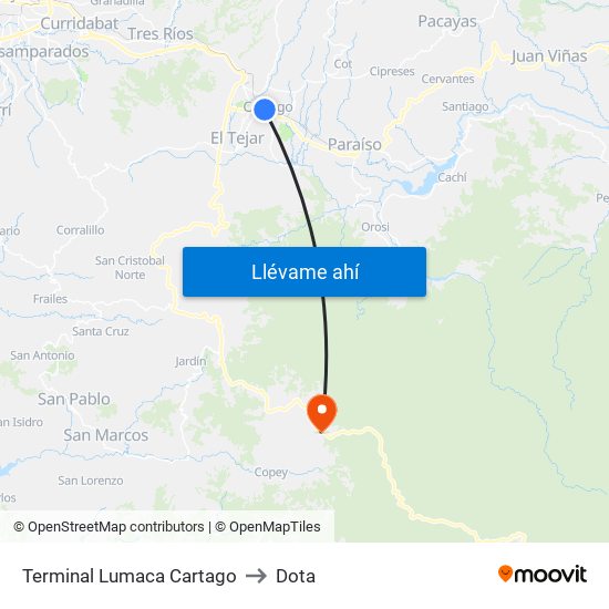 Terminal Lumaca Cartago to Dota map