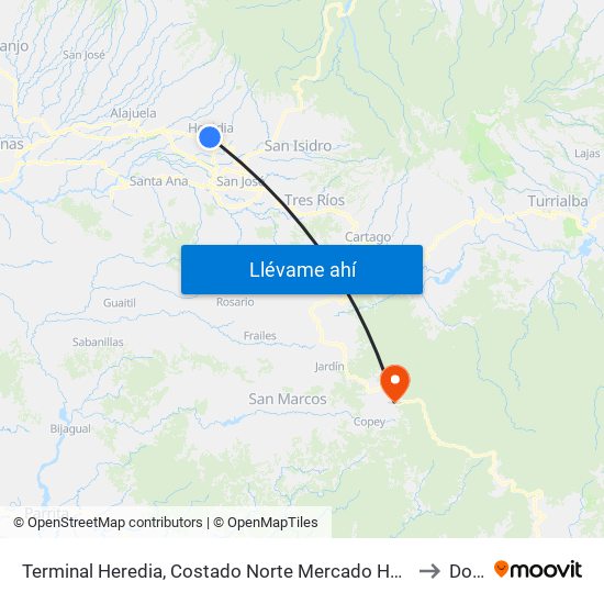 Terminal Heredia, Costado Norte Mercado Heredia to Dota map