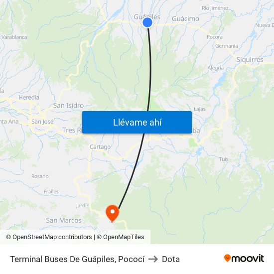 Terminal Buses De Guápiles, Pococí to Dota map