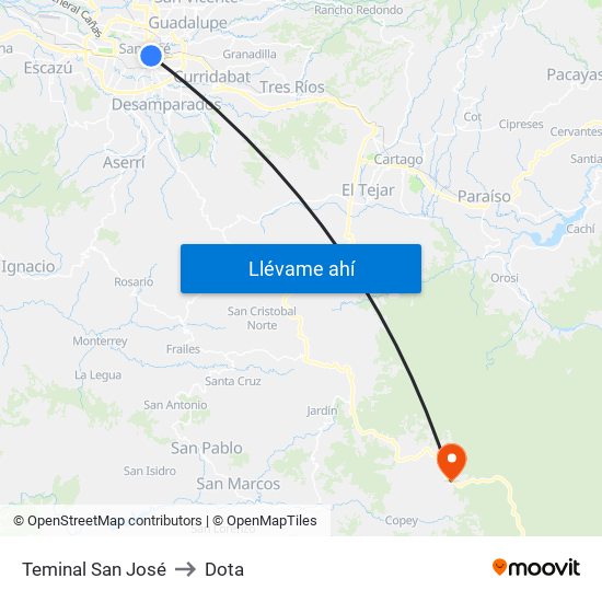 Teminal San José to Dota map