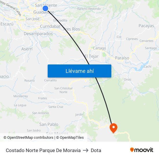 Costado Norte Parque De Moravia to Dota map