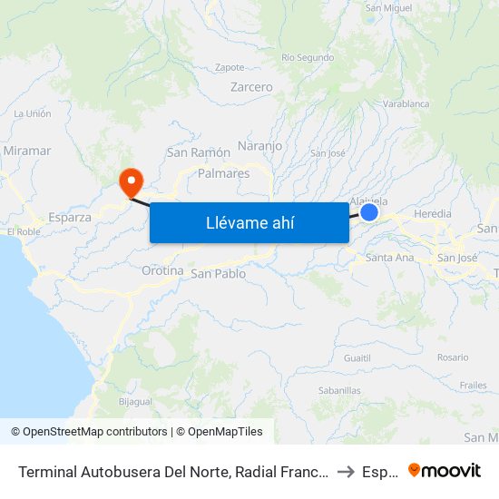 Terminal Autobusera Del Norte, Radial Francisco J. Orlich Alajuela to Esparza map