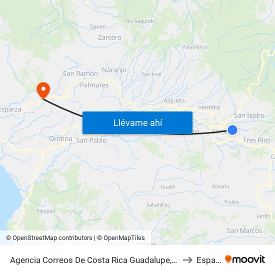 Agencia Correos De Costa Rica Guadalupe, Goicoechea to Esparza map