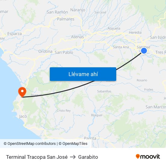 Terminal Tracopa San José to Garabito map