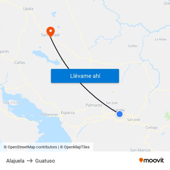 Alajuela to Guatuso map