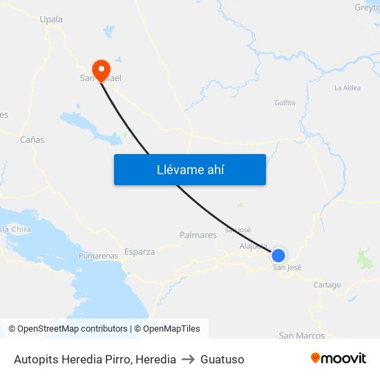 Autopits Heredia Pirro, Heredia to Guatuso map