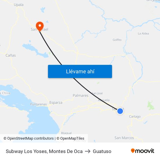 Subway Los Yoses, Montes De Oca to Guatuso map