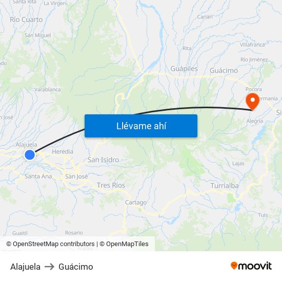 Alajuela to Guácimo map