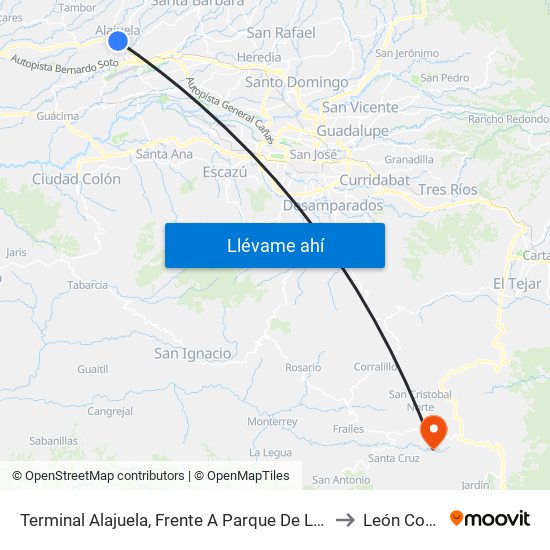 Terminal Alajuela, Frente A Parque De Los Niños to León Cortés map