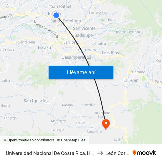 Universidad Nacional De Costa Rica, Heredia to León Cortés map