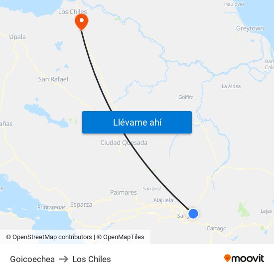 Goicoechea to Los Chiles map