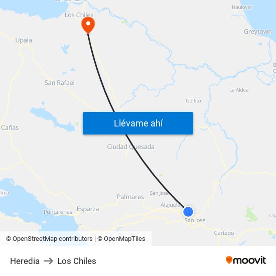 Heredia to Los Chiles map