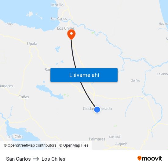 San Carlos to Los Chiles map