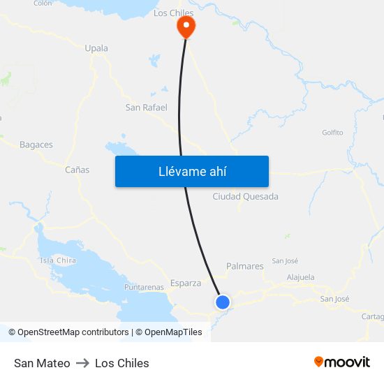 San Mateo to Los Chiles map