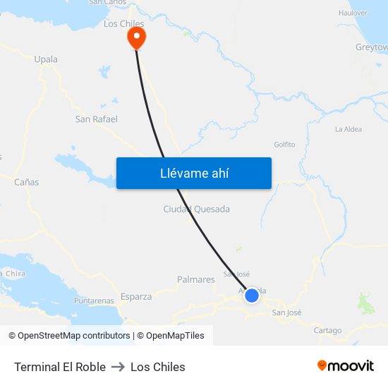 Terminal El Roble to Los Chiles map