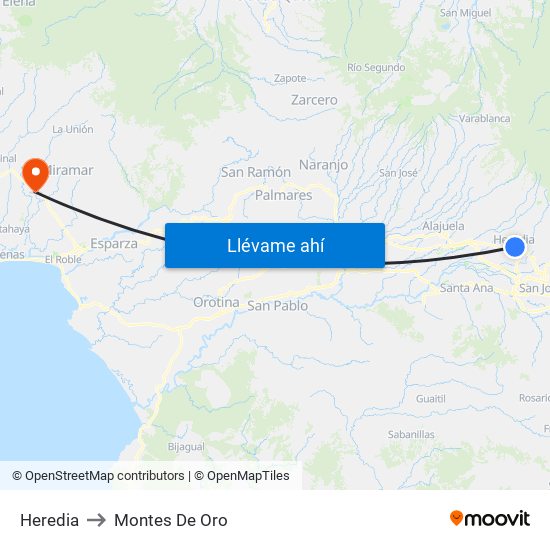 Heredia to Montes De Oro map