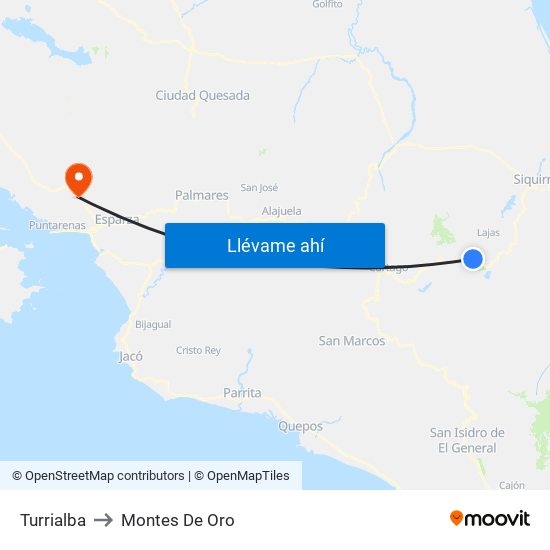 Turrialba to Montes De Oro map