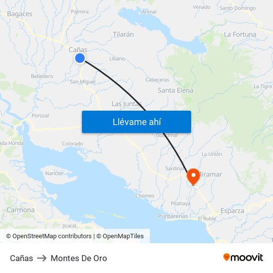 Cañas to Montes De Oro map
