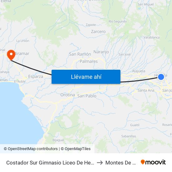 Costador Sur Gimnasio Liceo De Heredia to Montes De Oro map
