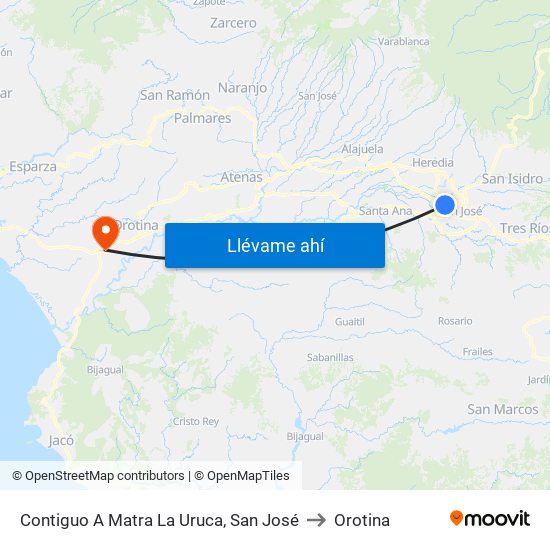 Contiguo A Matra La Uruca, San José to Orotina map