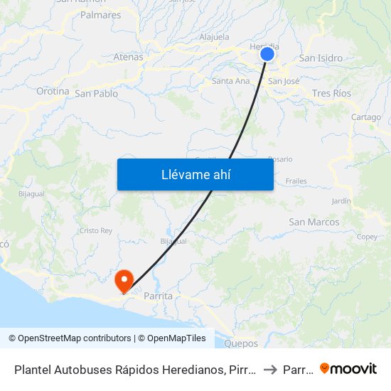 Plantel Autobuses Rápidos Heredianos, Pirro Heredia to Parrita map