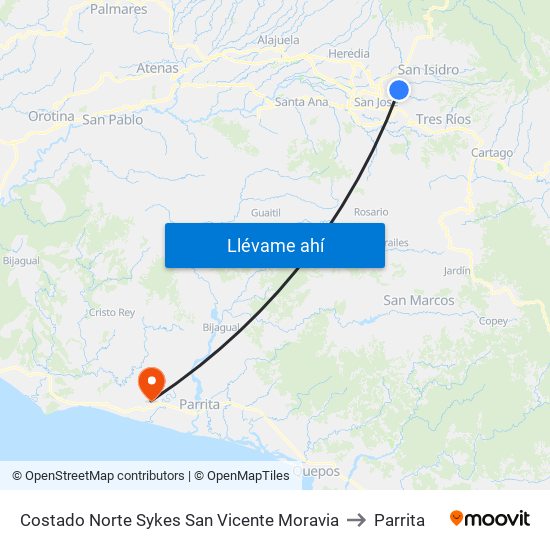 Costado Norte Sykes San Vicente Moravia to Parrita map