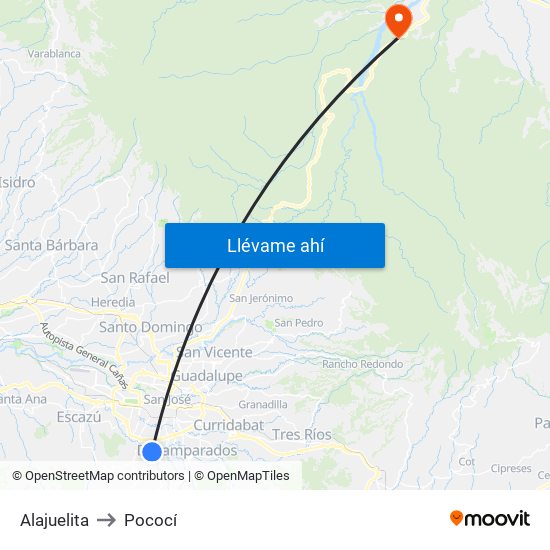 Alajuelita to Pococí map