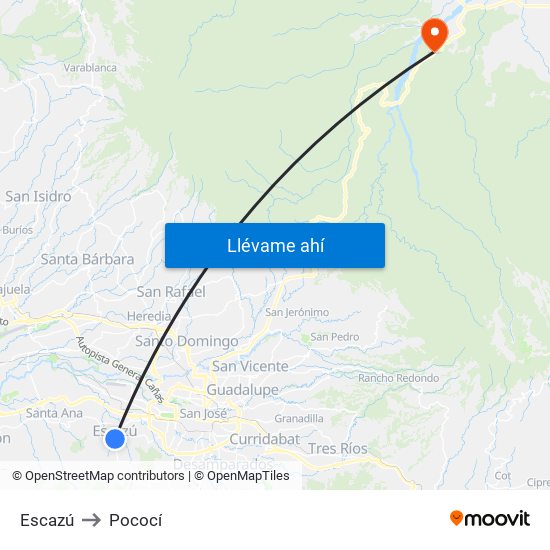 Escazú to Pococí map