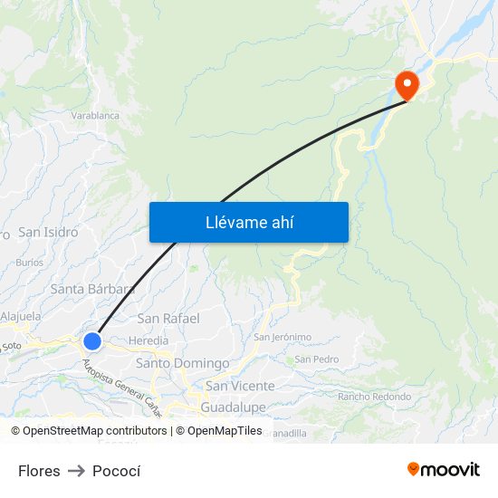 Flores to Pococí map