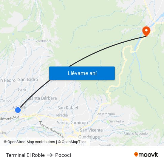 Terminal El Roble to Pococí map